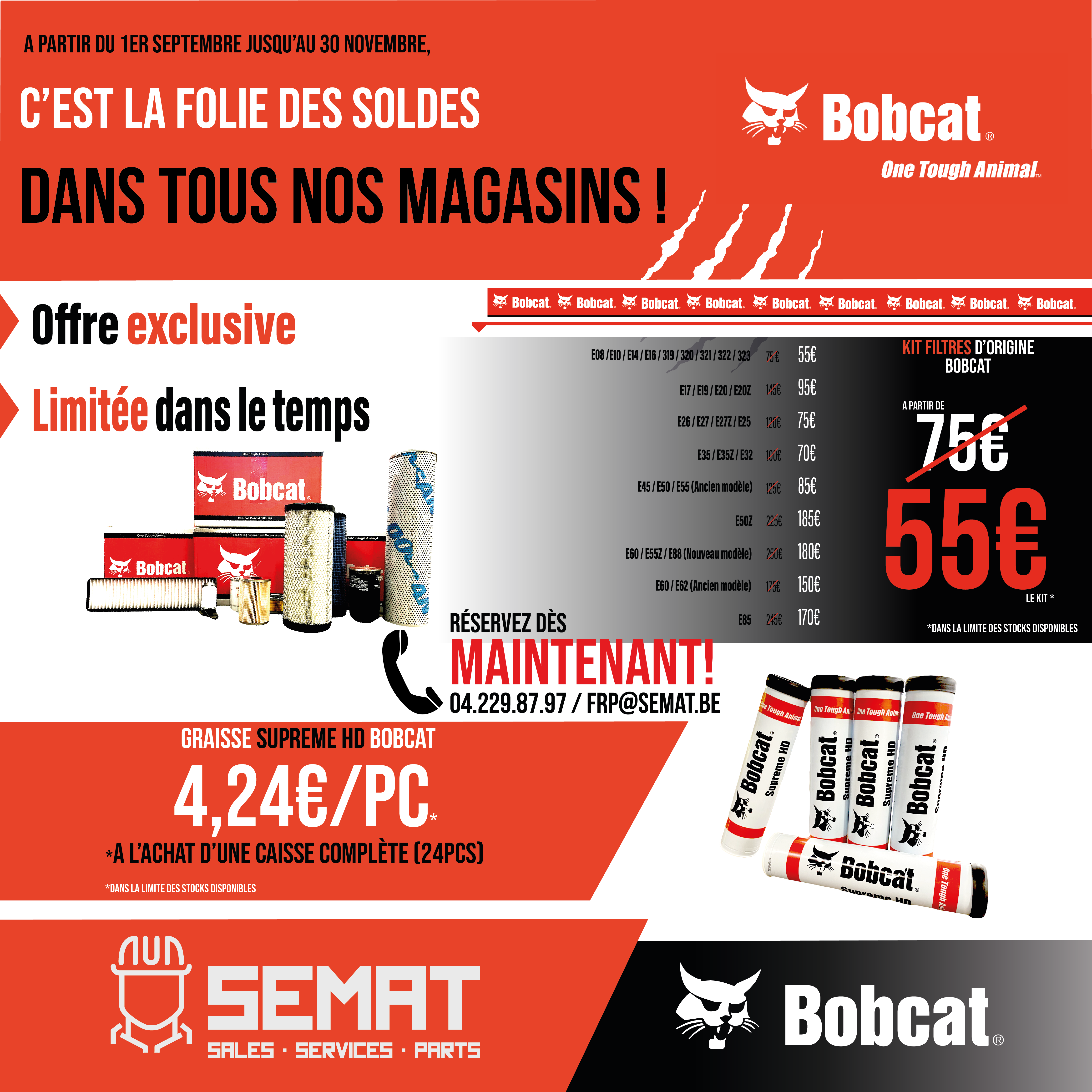 Promotions exceptionnelles sur les Kits de filtres (mini-pelles Bobcat) et Bombes de graissage Bobcat 